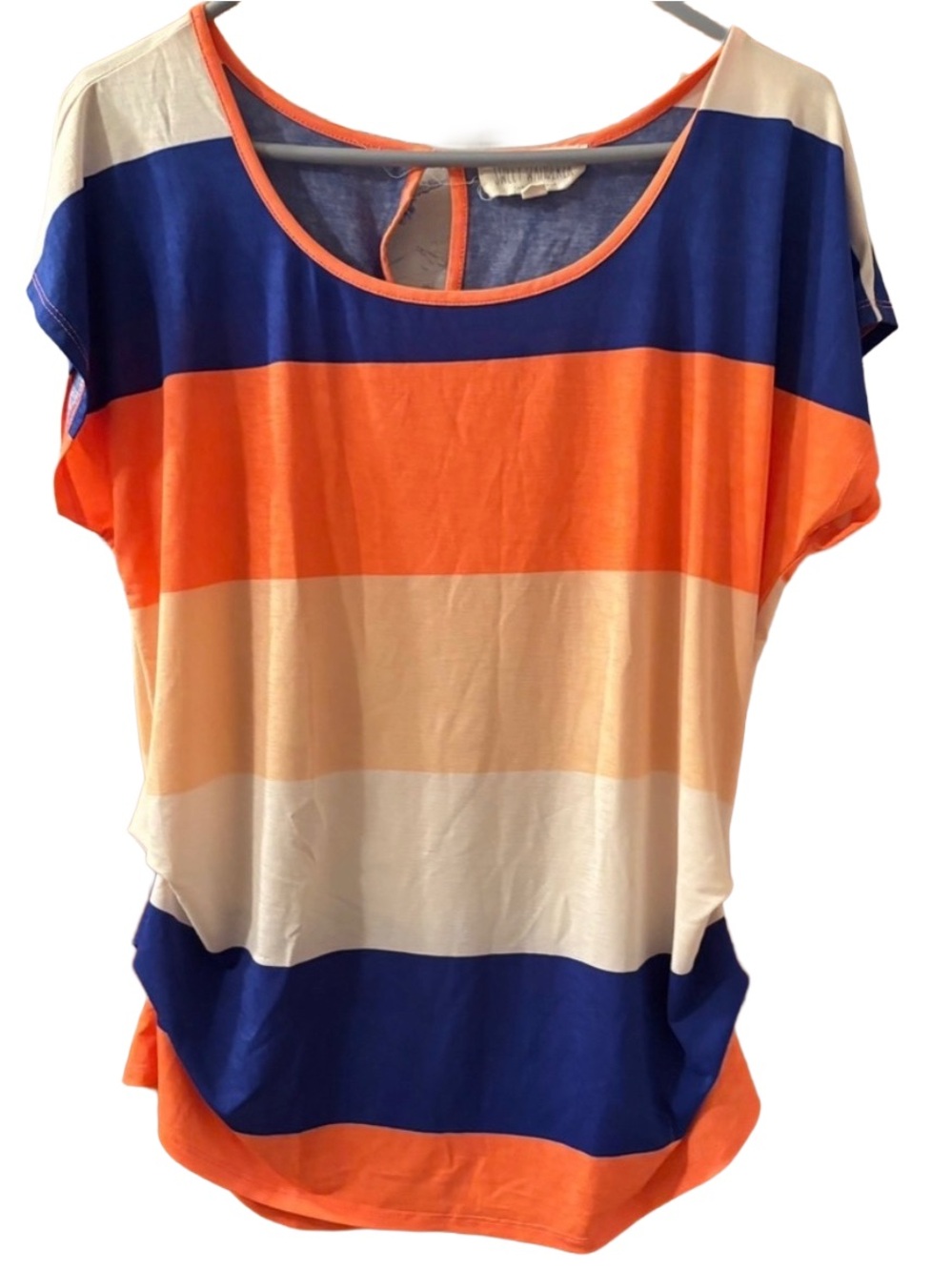 Sweet Wanderer Blue and Orange Stripes Ruched Short Sleeve Top Juniors XL Boho